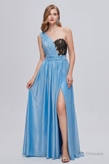 Blue One Shoulder Ruched Long Prom Dresses with Applique