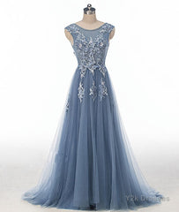 Blue round neck tulle lace applique long prom dress, blue evening dress