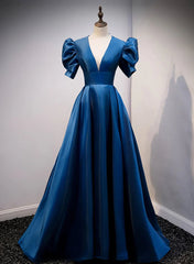 Blue Satin V-neckline Short Sleeves Party Dress Blue A-line Evening Dress prom dresses shops