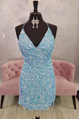 Blue Sequins Backless Tight Homecoming Dress