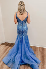 Blue Spaghetti Straps Mermaid Prom Dress With Appliques