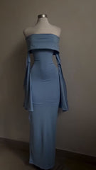 Blue Strapless Prom Dress Long Sleeve Bodycon Party Dress