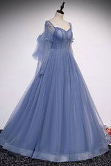 Blue sweetheart tulle sequin long prom dress blue formal dress