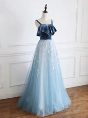 Blue tulle lace long prom dress, blue tulle formal dress