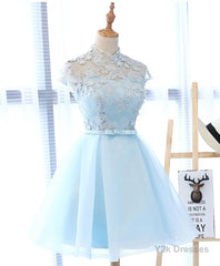 Blue tulle lace short prom dress, blue tulle lace homecoming dress