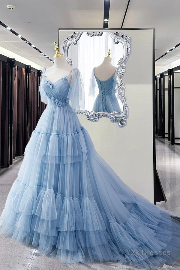 Blue Tulle Long A Line Prom Dress Blue Evening Dress