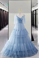 Blue Tulle Long A Line Prom Dress Blue Evening Dress