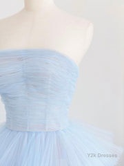 Blue tulle long prom dress, blue tulle evening dress