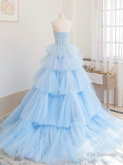 Blue tulle long prom dress, blue tulle evening dress