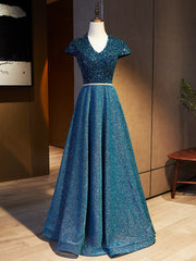 Blue V-neck Cap Sleeve Backless Sequins Beading Prom Dress