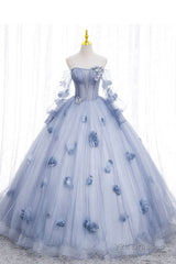 Blue Long Sleeves Tulle Prom Dress with Flowers, Puffy Off the Shoulder Quinceanera Dress