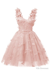 Blush Pink 3D Butterfly Lace Applique Tulle Homecoming Dress for Teens Sweetheart Mini Short Prom Dresses