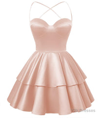 Blush Pink Satin Homecoming Dress Sweetheart Neck Tiered Short Graduation Dresses