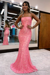 Blush Spaghetti Straps Sequins Mermaid Prom Dress