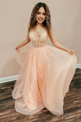 Blush V-Neck Sequins Prom Dress