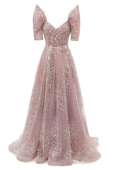 Blushing Pink Lace Crystal Sequin Long Prom Dresses Luxury Evening Gowns Vintage Party Dresses