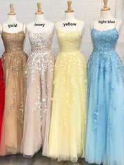 A Line Tulle Yellow Spaghetti Straps Prom Dresses With Appliques Party Dresses