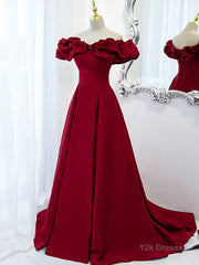 Burgundy A-Line Satin Long Prom Dress, Burgundy Formal Evening Dresses