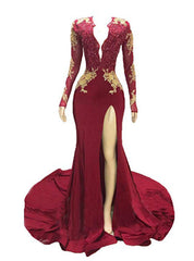 Burgundy Mermaid Deep V-neck Long Sleeve Backless Prom Dress