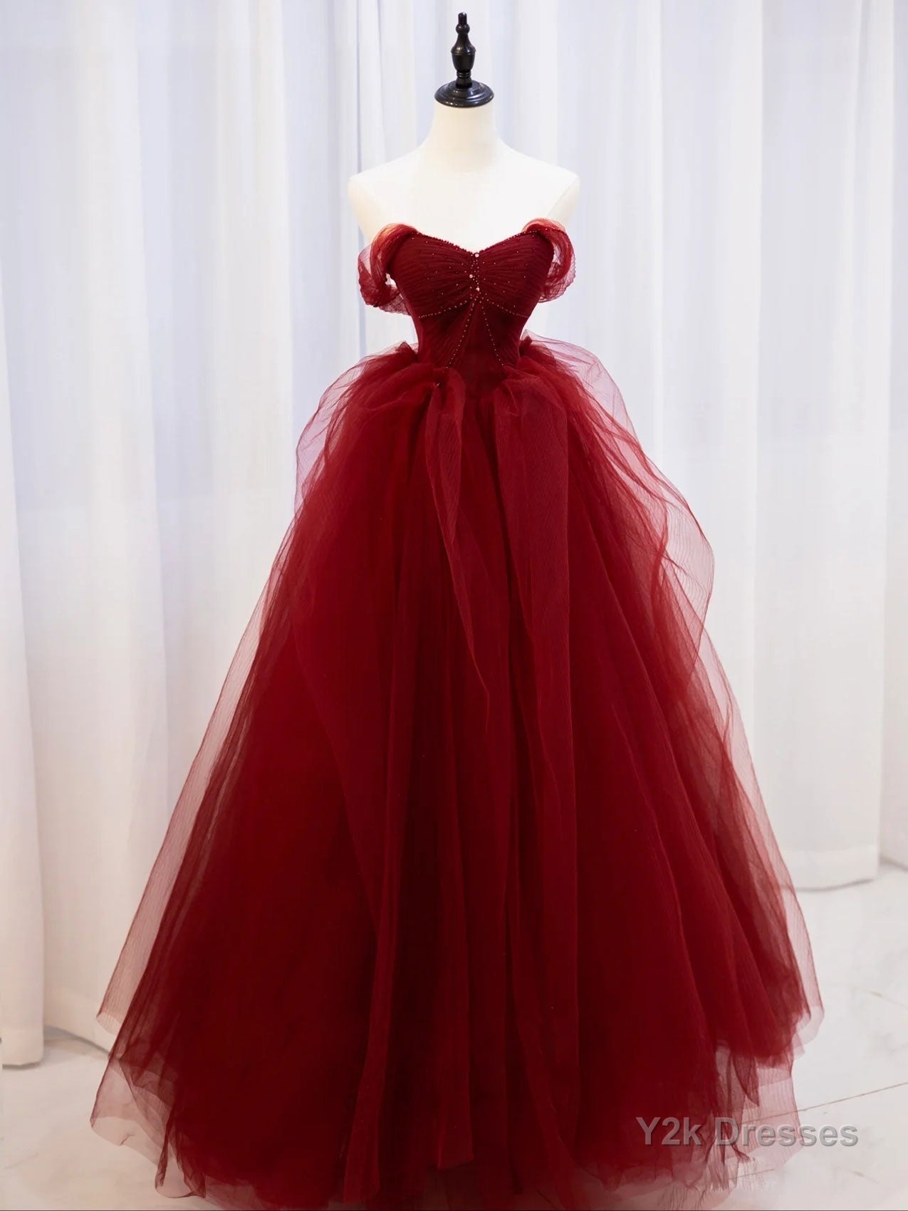 Burgundy off shoulder tulle lace long prom dress burgundy formal dress