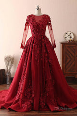 Burgundy round neck lace long prom dress burgundy evening dress