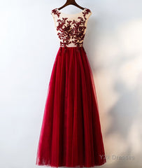 Burgundy round neck tulle lace long prom dress, bridesmaid dress