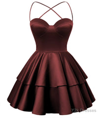 Burgundy Satin Homecoming Dress Sweetheart Neck Tiered Short Graduation Dresses