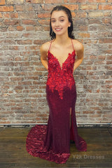 Burgundy Spaghetti Straps Sheath Sequins Prom Dress with Appliques