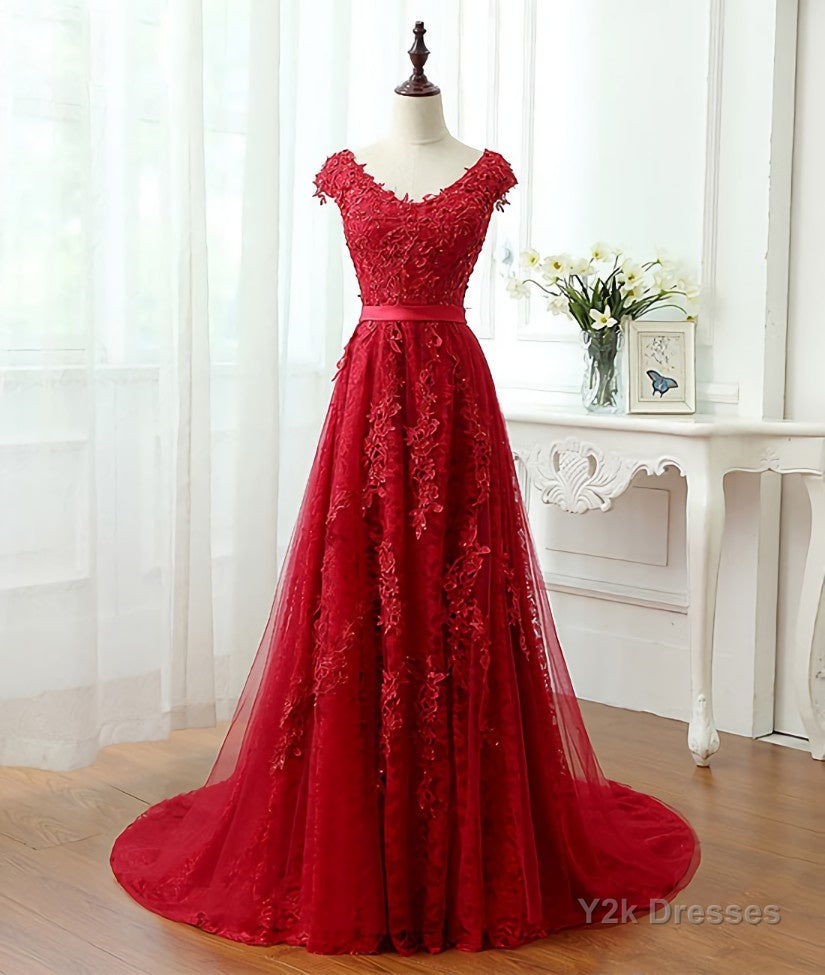 Burgundy tulle lace applique long prom dress, burgundy evening dress