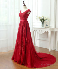 Burgundy tulle lace applique long prom dress, burgundy evening dress