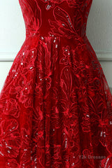 Burgundy v neck lace high low prom dress lace formal dress