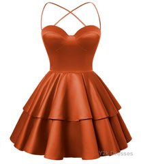 Burnt Orange Satin Homecoming Dress Sweetheart Neck Tiered Short Graduation Dresses