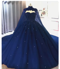 Elegant Lace Embroidery Tulle Beaded Quinceanera Dresses, Navy Blue Ball Gown Prom Dress, With Cape