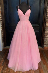 Empire Pink Shiny Tulle Long Prom Dress 2025