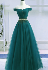 Pretty Hunter Green Off Shoulder Beaded Prom Dress, Long Evening Dress, Party Dress