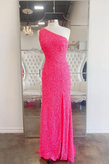 2025 One Shoulder Hot Pink Sequined Prom Dress