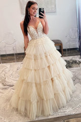 Champagne Beaded Spaghetti Strap Ruffle Tiered Ball Gown