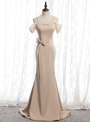 Champagne Mermaid Satin Spagehtti Straps Prom Dress With Sash