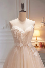 Champagne Spaghetti Strap Tulle Formal Dress with Feathers, Cute A-Line Evening Dress