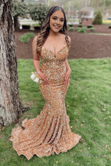 Champagne Spaghetti Straps Sequins Mermaid Prom Dress