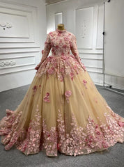 Champagne Tulle Pink 3D Appliques Long Sleeve Prom Dress