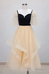 Champagne V Neck Tea Length Prom Dresses, Tea-Length Formal Graduation Dresses