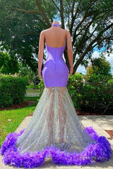 Charming Purple Long Mermaid Halter Satin Tulle Prom Dress