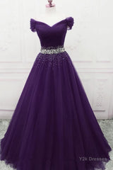 Charming Sequins Off Shoulder Dark Purple Long Prom Dress, Off the Shoulder Dark Purple Formal Evening Dress