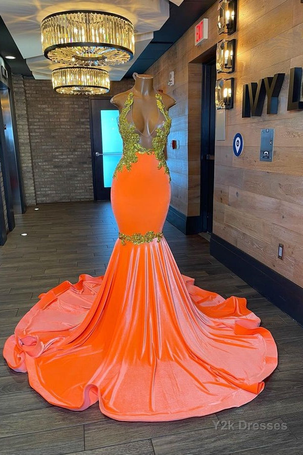 Charming Sleeveless Halter Backless Mermaid Prom Dress With Gold Beading