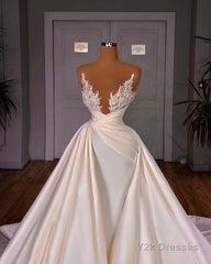 Chic Long A-line Cathedral Sleeveless V-neck Satin Wedding Dresses