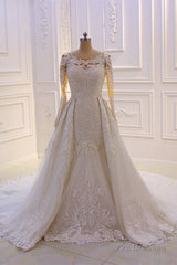 Classic Jewel Long Sleevess Tulle Lace Sparkle Ivory Wedding Dress