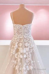 Classy Long A-Line Tulle Spaghetti Straps Appliques Lace Backless Wedding Dress