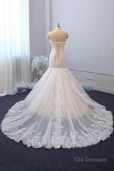 Classy Long Mermaid Sweetheart Backless Appliques Lace Tulle Wedding Dress