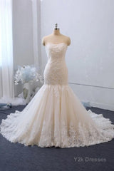 Classy Long Mermaid Sweetheart Backless Appliques Lace Tulle Wedding Dress